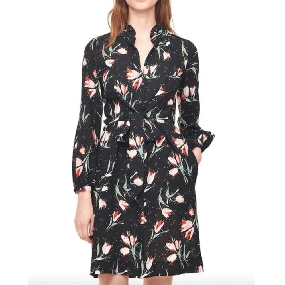 Rebecca Taylor Ikat Tulip Silk Tie Front Dress spring  floral long sleeve
